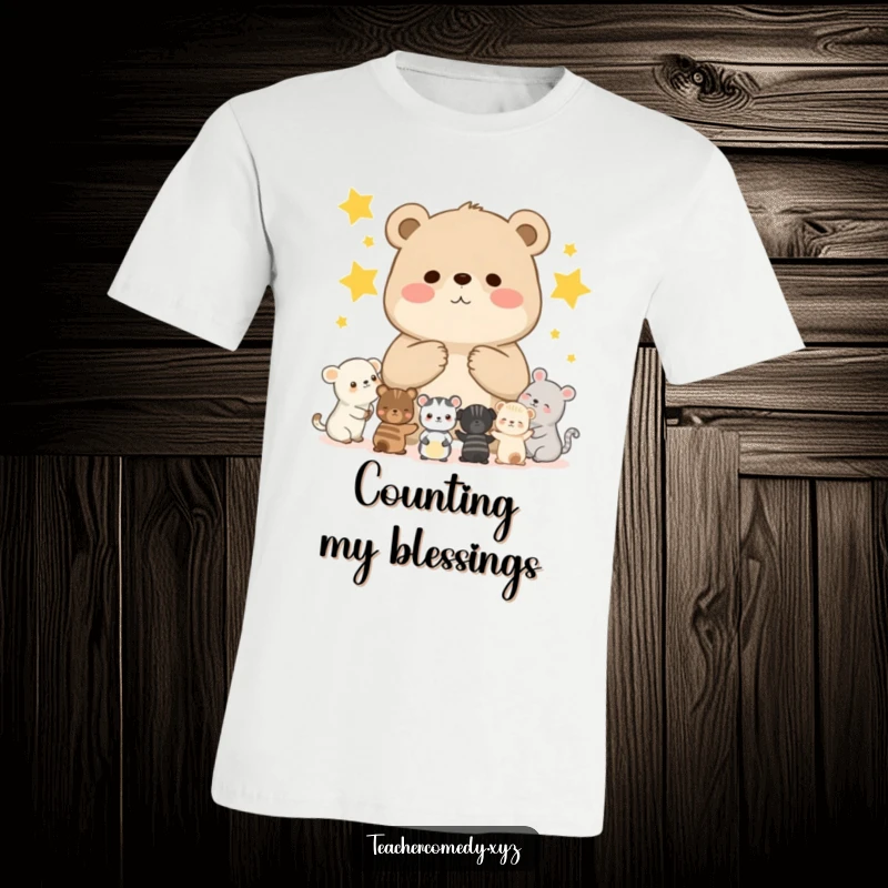 Funny t-shirt with a chubby bear cub teaching smaller animals to count stars, depicting a heartwarming and educational classroom moment.