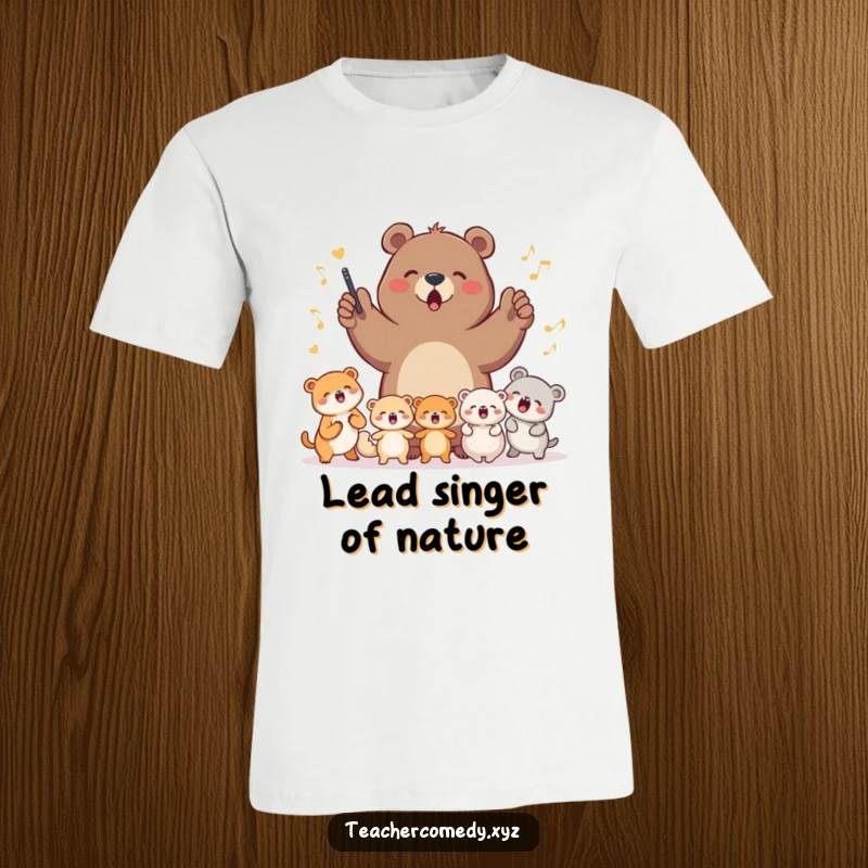 Funny, determined bear conducting a choir of tiny animals singing joyfully, featured on a soft cotton t-shirt, a delightful sight.
