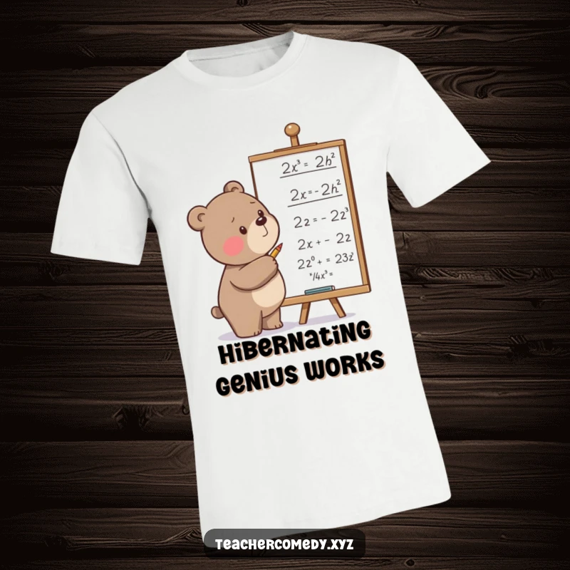 Funny t-shirt featuring a determined bear scribbling equations on a whiteboard, illustrating a humorous and intense academic pursuit.