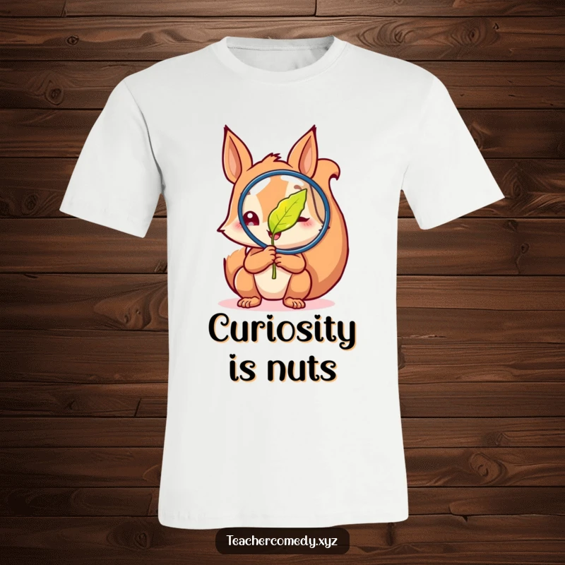 Funny t-shirt depicting a curious squirrel engrossed in examining a magnified leaf, radiating excitement and a love for scientific discovery.