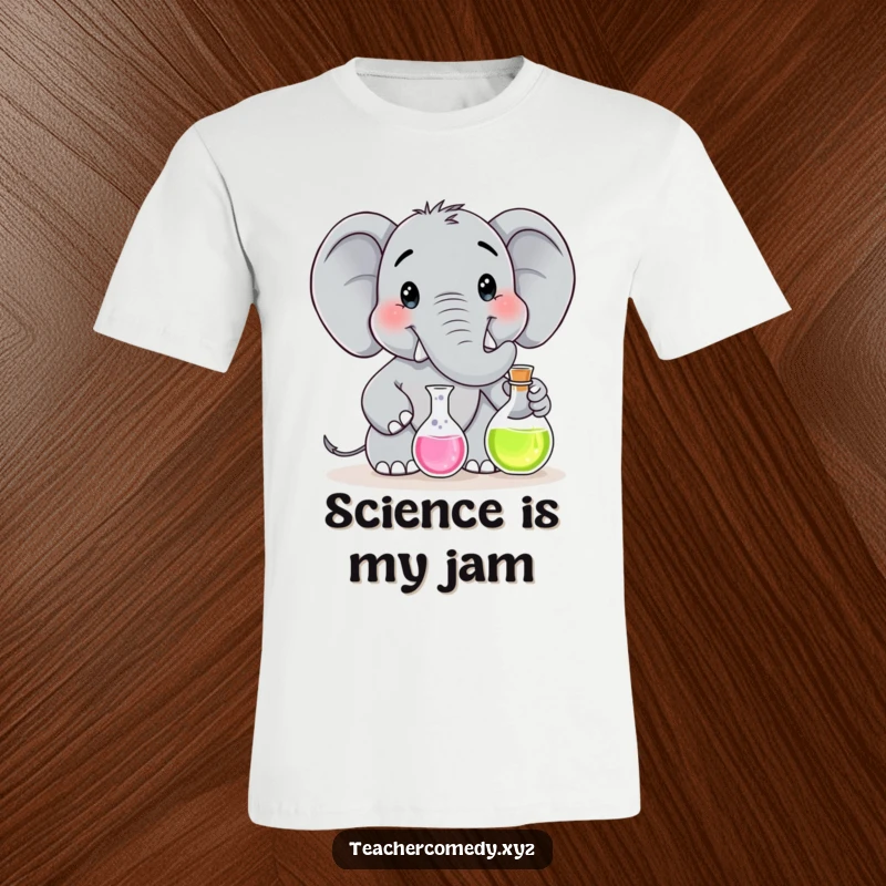 Funny t-shirt depicting a smiling elephant in a lab coat, holding a flask and performing a science experiment.