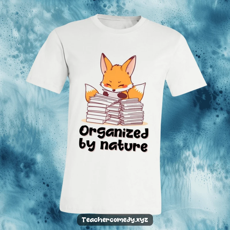 Funny fox t-shirt with a determined fox meticulously organizing a large pile of papers, great for office workers and neat freaks.