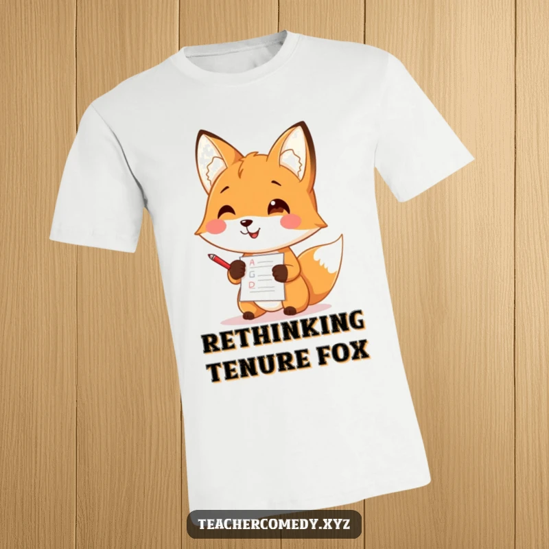 Funny t-shirt featuring a smiling fox character diligently grading papers with a tiny red pen in its paw, looking pleased.
