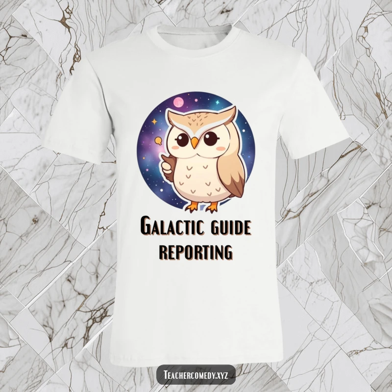 Funny Huffy Owl T-Shirt: A huffy owl intensely points at a galaxy map, showcasing space exploration humor.