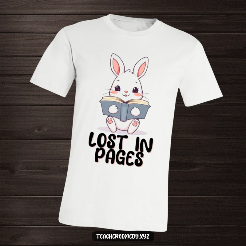 Funny kawaii rabbit peeking over a large stack of open books, embodying curiosity and a love for reading on a t-shirt.