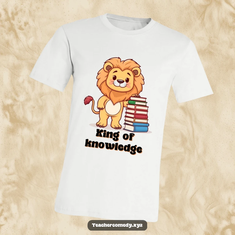 Funny t-shirt with a proud lion character beside a tall stack of books, symbolizing intelligence, ambition, and a passion for reading.