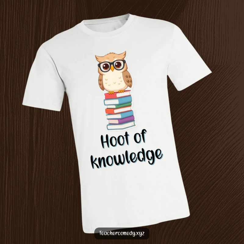 Funny owl t-shirt with spectacles perched on a tall stack of books, making a statement about intelligence and reading.