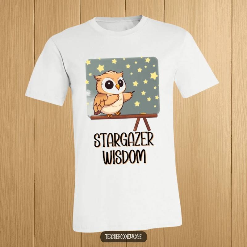 Funny t-shirt with a wise owl enthusiastically pointing at a blackboard covered in stars, embodying curiosity and the pursuit of knowledge.