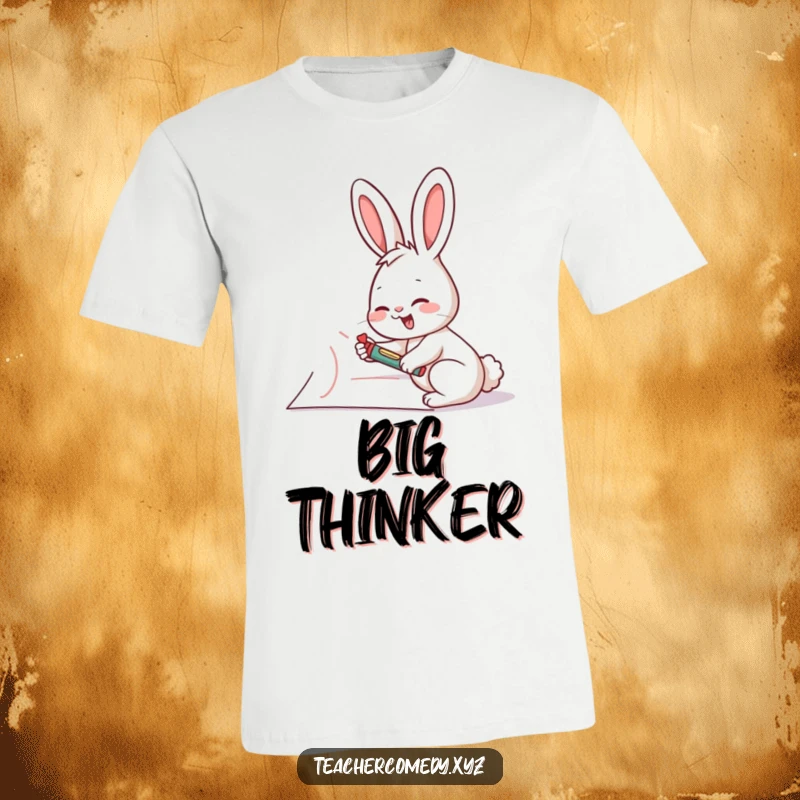 Funny rabbit artist t-shirt, depicting a giggling rabbit drawing on a giant piece of paper with a crayon, full of artistic fun.