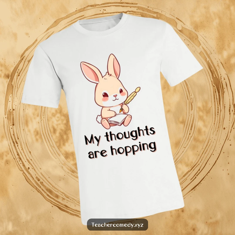 Funny Rabbit T-Shirt: A curious rabbit diligently takes notes with a quill pen, embodying a love for knowledge and a studious personality.