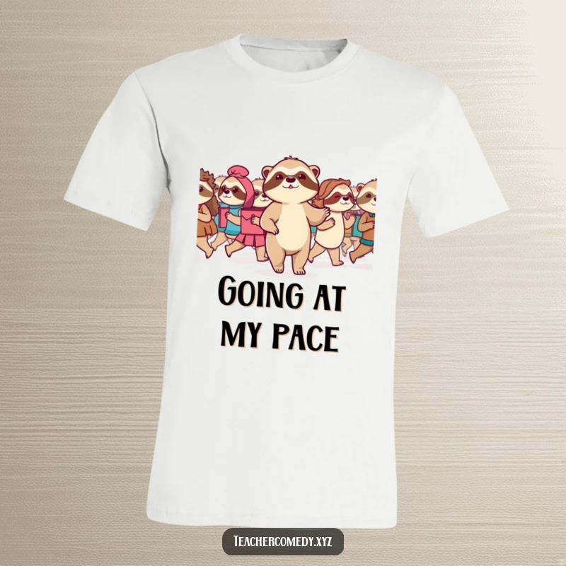Funny Sloth T-Shirt: A serene sloth leads a class in a slow but steady march, representing endurance, calm determination, and progress.