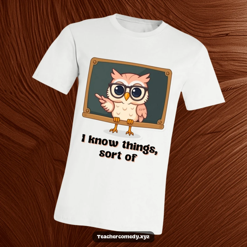 Funny owl t-shirt with a cute owl wearing spectacles, enthusiastically gesturing towards a chalkboard, embodying wisdom and humor.