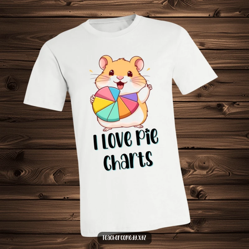 Funny hamster character with great enthusiasm presenting a colorful pie chart, ideal funny t-shirt.