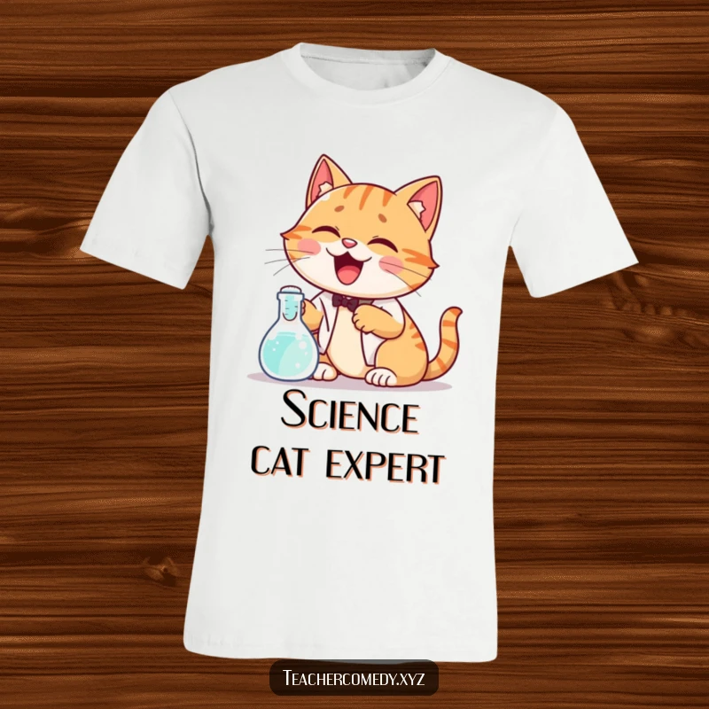 Funny t-shirt featuring a giggling cat conducting a science experiment with a bubbling beaker, showcasing playful curiosity and a hint of chaos.