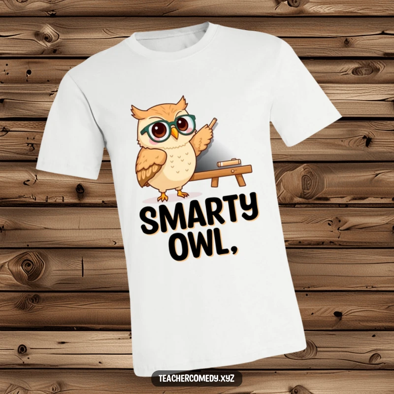 Funny kawaii owl with glasses pointing at a chalkboard, a witty and humorous graphic tee for teachers and scholars.