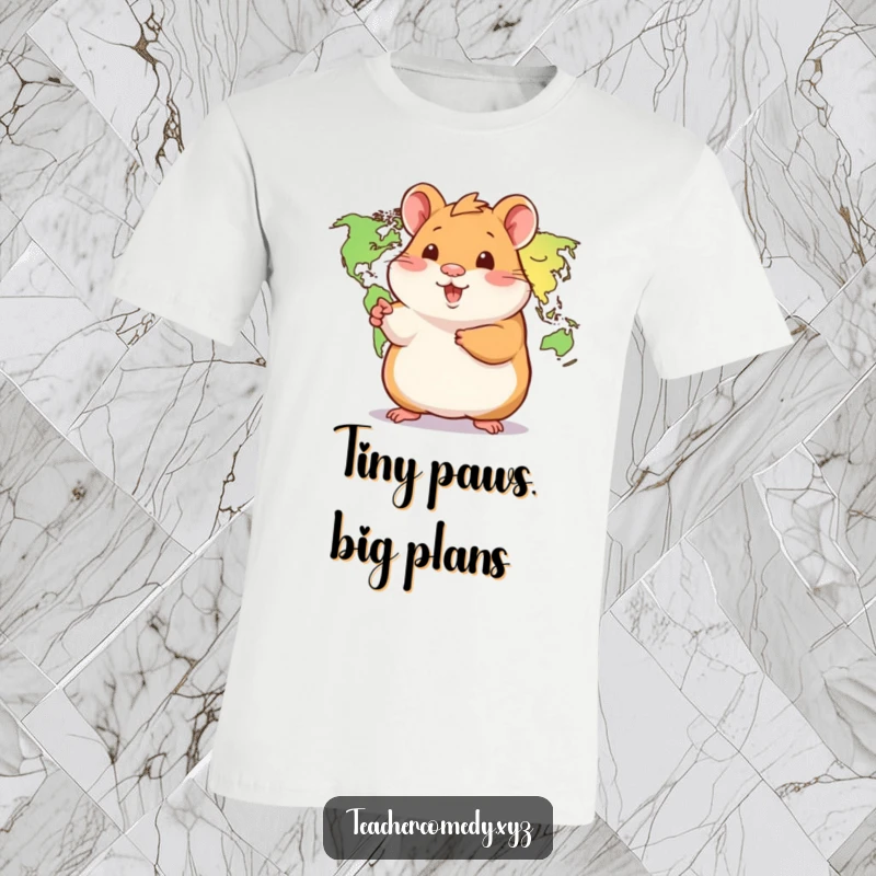 Funny Hamster T-Shirt: A playful hamster points to a world map, ready to embark on an exciting journey around the globe.