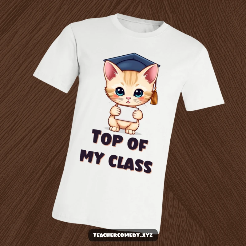 Funny t-shirt with a curious kitten in a graduation cap, diploma in paw, celebrating achievement. A great gift.