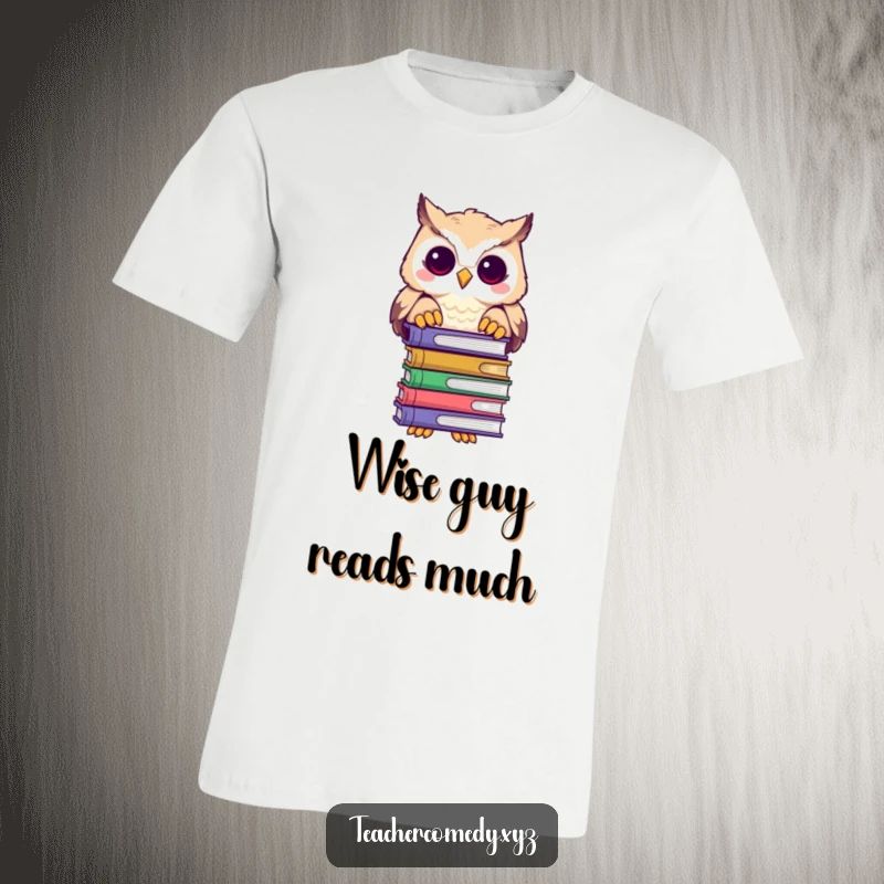 Funny t-shirt depicting a playful owl holding a stack of books and peering over the top, a studious creature.