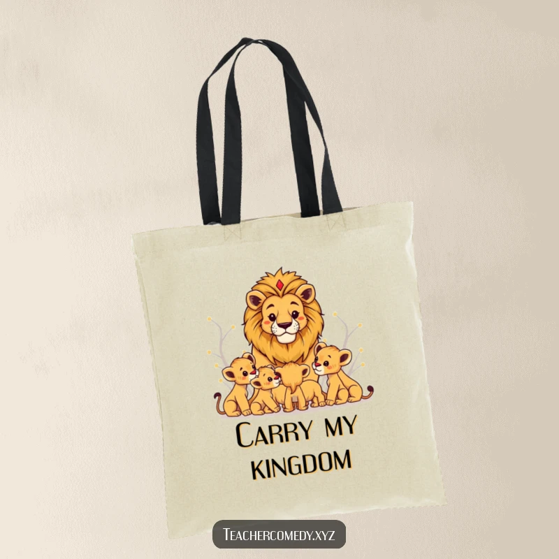 Funny lion king tote bag depicting a regal lion teaching young cubs, perfect for carrying books and essentials with wisdom.