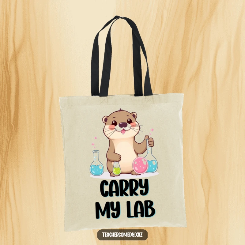 Funny otter character conducting a bubbling beaker experiment, durable and stylish funny tote bag.