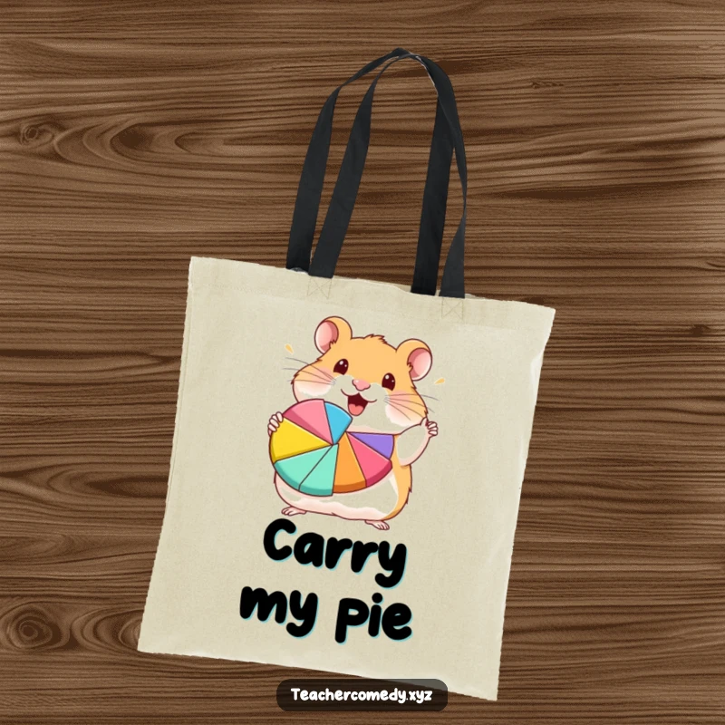 Funny hamster character enthusiastically presenting a colorful pie chart, durable and stylish funny tote bag.