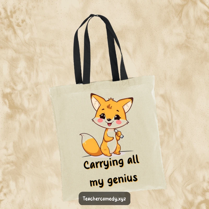 Funny kawaii fox holding chalk, writing enthusiastically on a whiteboard, capturing creative energy in a durable and stylish tote bag.