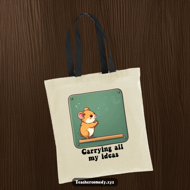 Funny curious hamster writing on a vast chalkboard, chalk dust flying, printed on a durable and stylish tote bag, great for daily use.