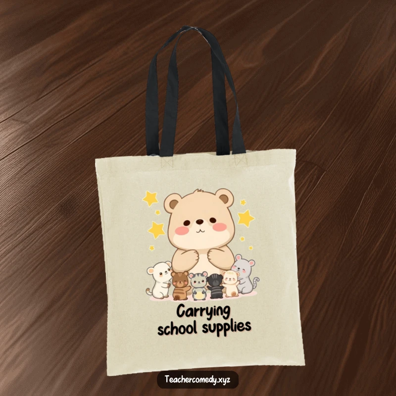 Funny tote bag with a chubby bear cub teaching small animals to count stars, ideal for carrying books and supplies with joy.