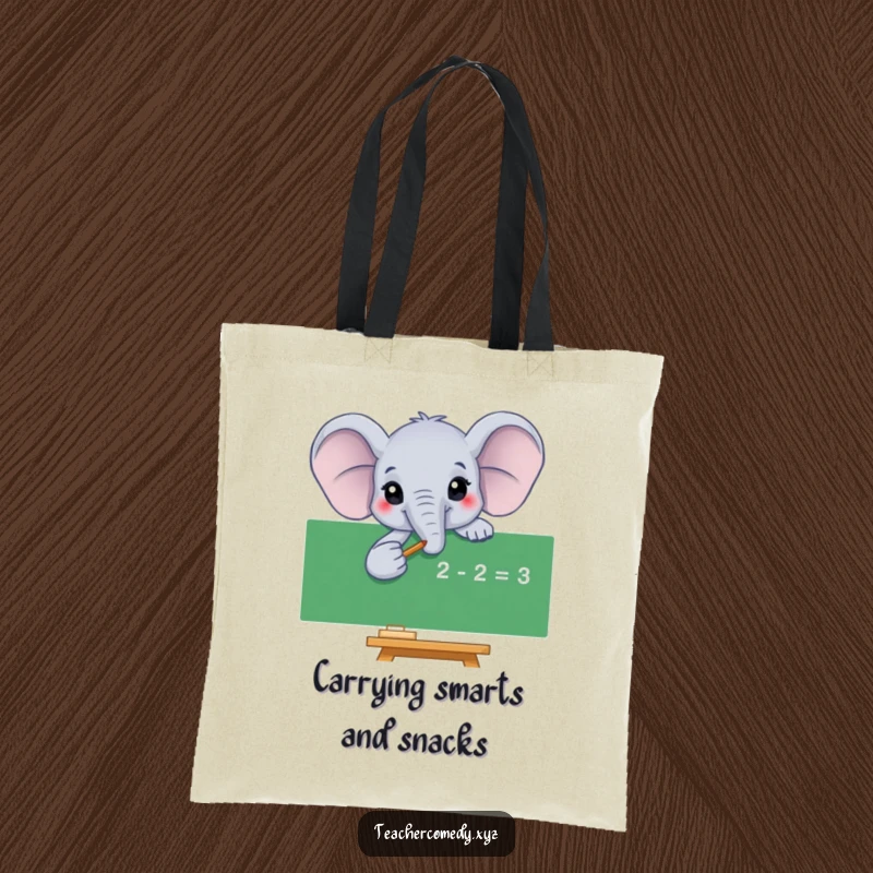 Funny elephant tote bag showing a smiling elephant pointing to a math equation on a blackboard, perfect for carrying books and essentials.