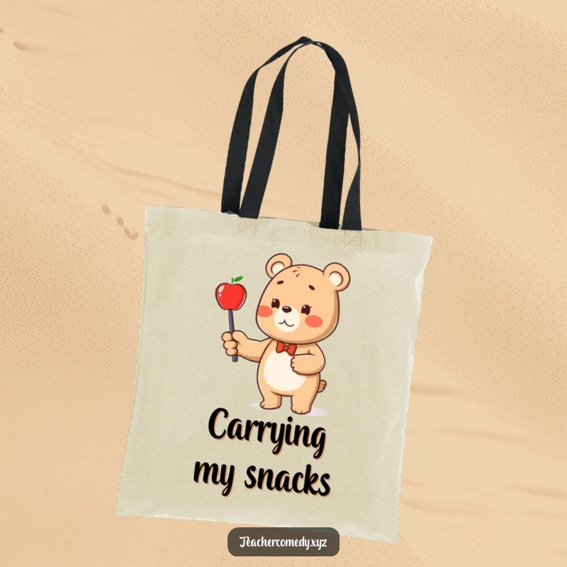 Funny bear character tote bag, a bear with a pointer stick indicating an apple, perfect for carrying books and essentials.