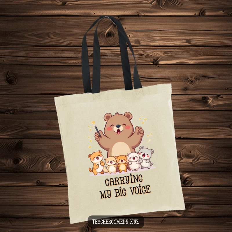 Funny determined bear directing small animals in a song, printed on a durable tote bag, ideal for carrying music sheets or groceries.