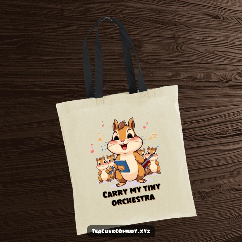 Funny Chipmunk Music Class Tote Bag: Charming chipmunk leading a song for students, a vibrant and hilarious addition to your daily errands.