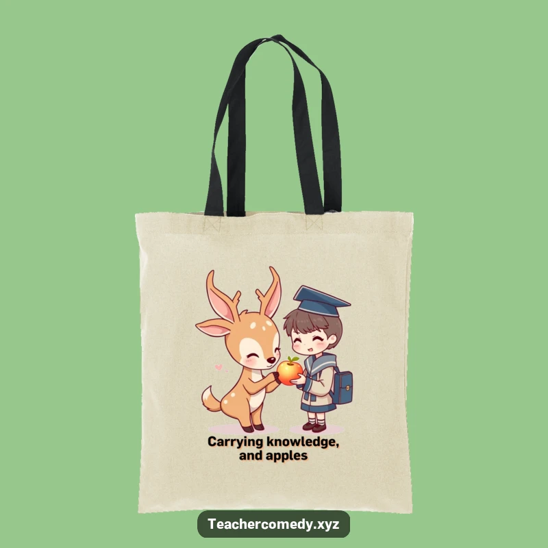 Funny Deer & Student Tote Bag: Carry Wisdom with Glowing Apple.