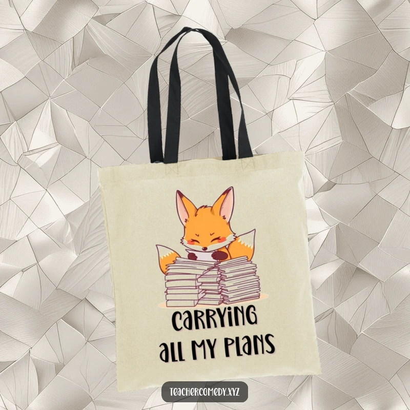 Funny fox tote bag with a determined fox organizing papers, ideal for carrying documents and supplies with efficiency.