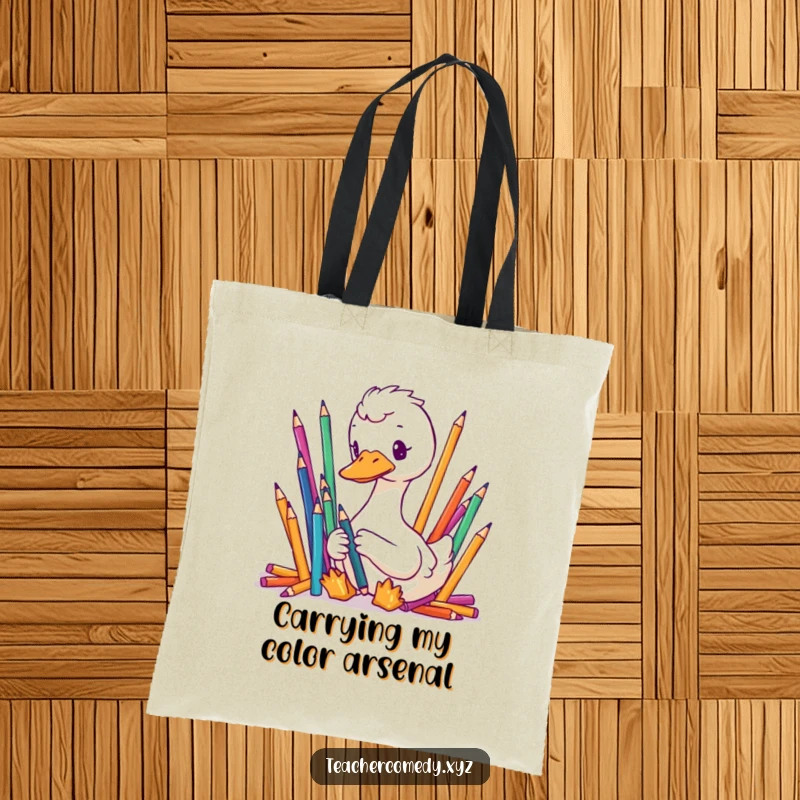 Funny tote bag with a focused goose meticulously organizing colorful pencils, a humorous and practical accessory for the organized.