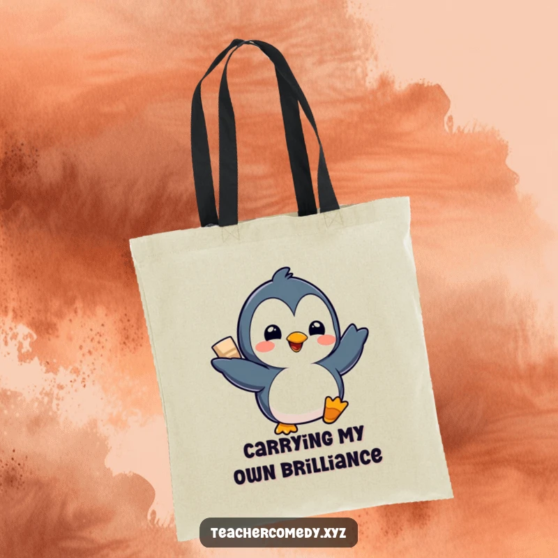 Funny Kawaii Penguin Tote Bag: A delighted penguin proudly presents a project, ready to carry your books and dreams with funny flair.