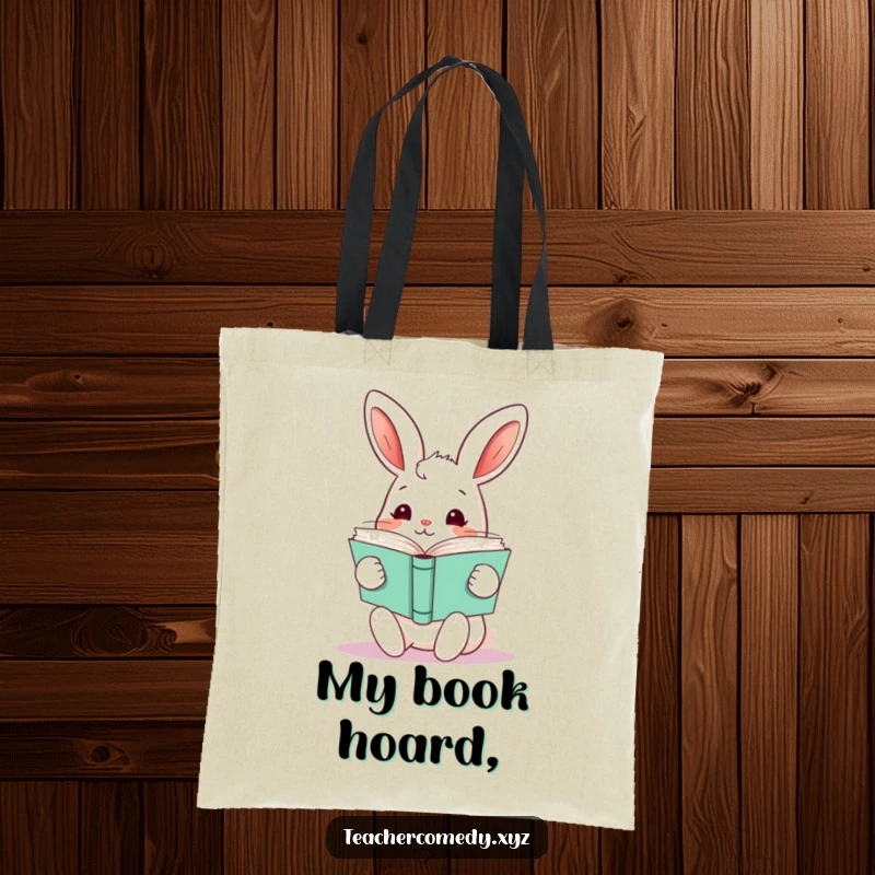 Funny kawaii rabbit holding many open books, a humorous and practical tote bag for readers and literary enthusiasts.