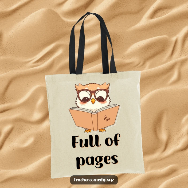Funny owl character tote bag, a spectacled owl reading a large book, ideal for carrying books and literary treasures.