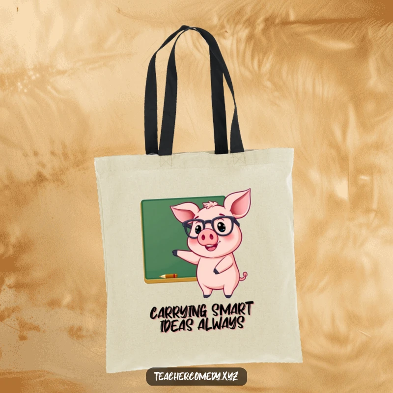 Funny tote bag with a cheerful pig wearing glasses, smiling and pointing at a chalkboard, a humorous and practical accessory.