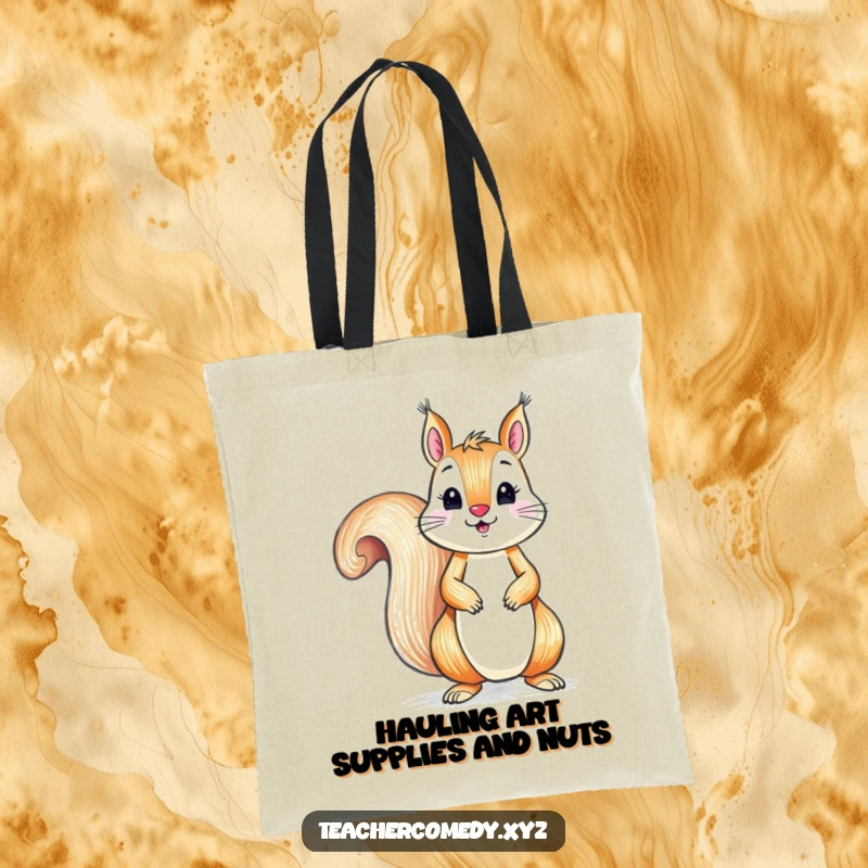 Funny tote bag with a playful squirrel drawing with a crayon on a large paper, a humorous and practical accessory for art lovers.